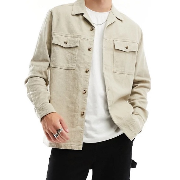 ASOS Relaxed Textured Shirt with Double Pockets in Stone - Picture 4 of 4